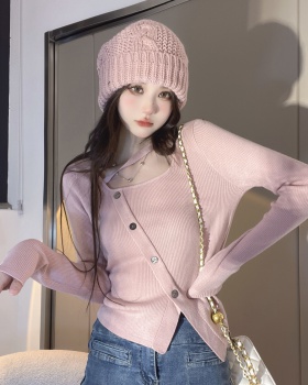 Shell buckle all-match sweater slim placket tops