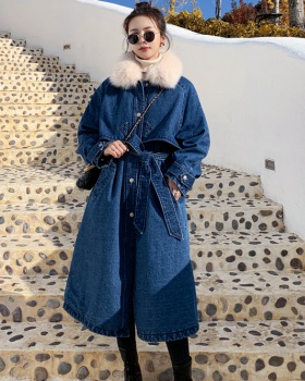 Long cotton coat navy blue overcoat for women