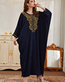 Embroidery gold line dress blue robe for women