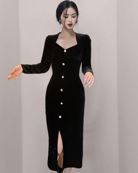 Slim black retro spring and autumn dress for women