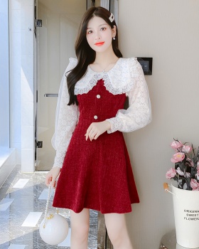 Doll collar slim autumn short red retro dress for women