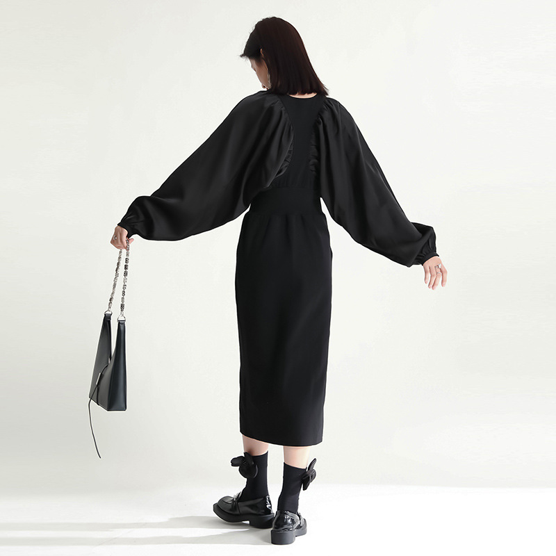 Black split dress exceed knee long dress for women