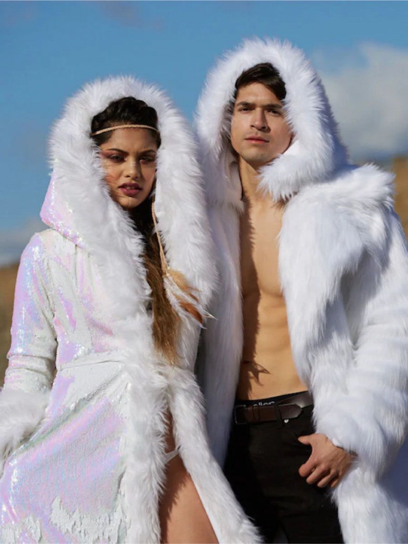 European style faux fur coat sequins party clothing