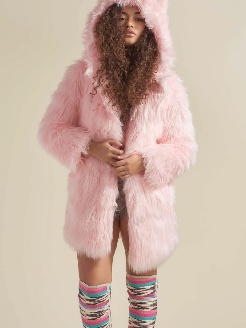 Ear pink long European style faux fur coat for women