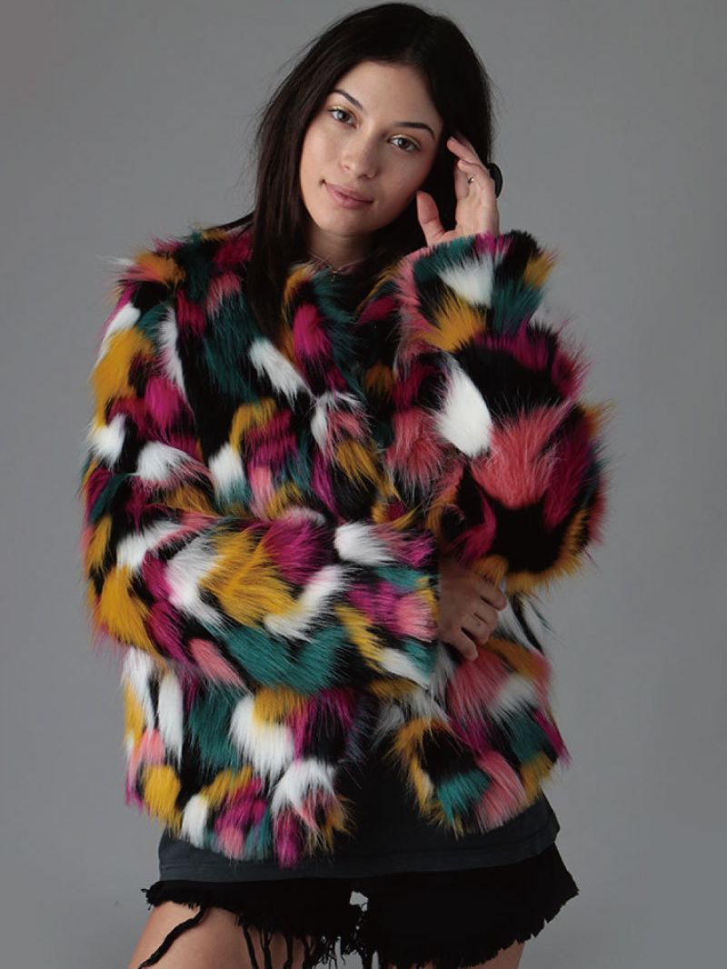 European style splice coat faux fur rainbow fur coat