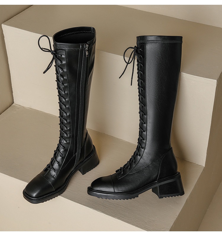 Middle-heel boots side zipper thigh boots