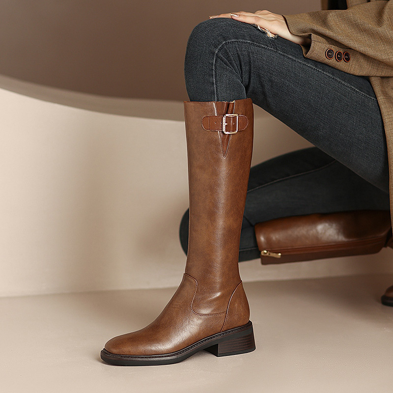 Belt buckle middle-heel thigh boots not exceed knee boots