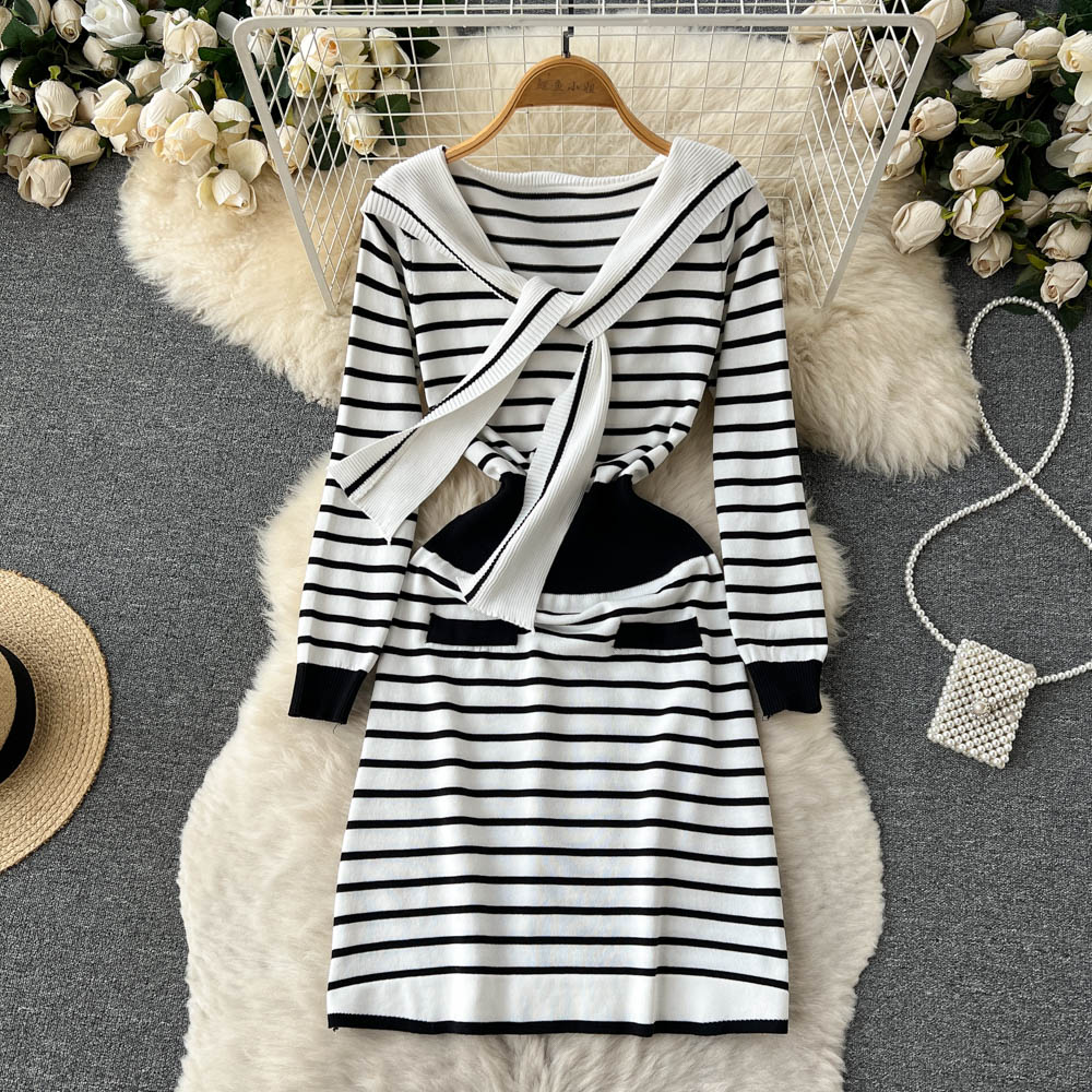 Knitted package hip college style dress for women