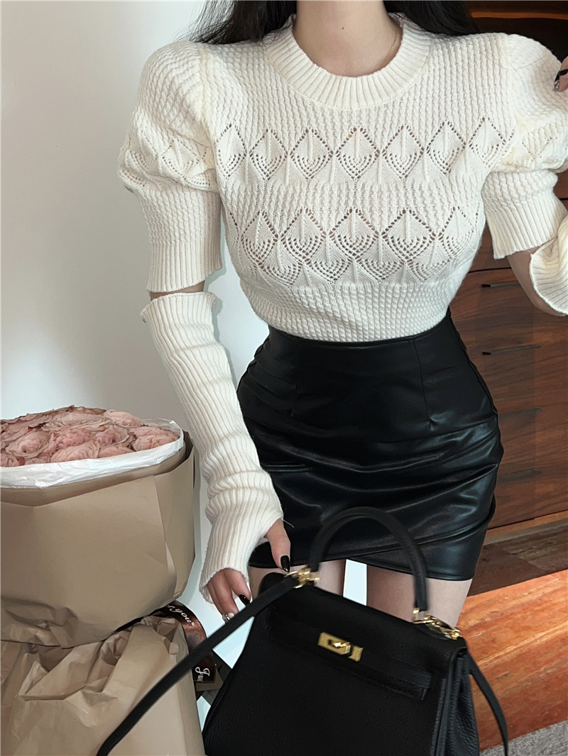Irregular short leather skirt package hip sweater 2pcs set