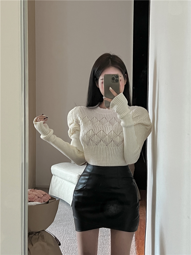 Irregular short leather skirt package hip sweater 2pcs set