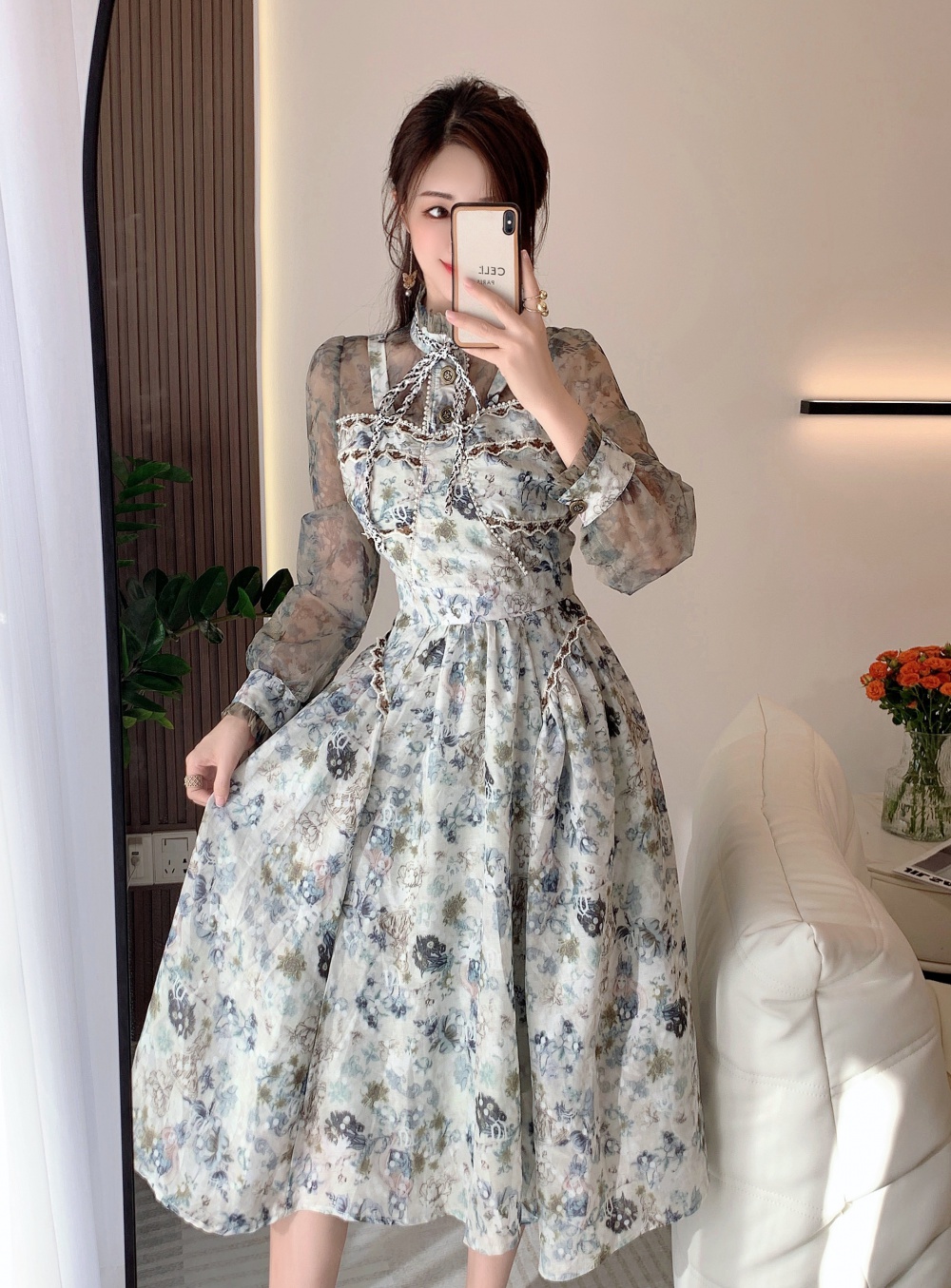Long autumn retro printing temperament dress