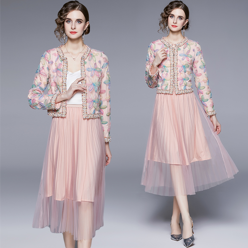 Sweet fashion short skirt temperament pearl cardigan 2pcs set