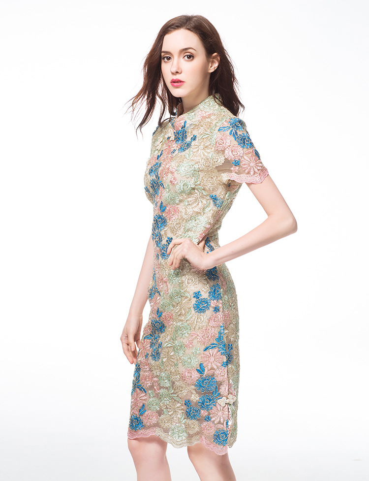 Lace gold cheongsam fat spring and summer evening dress