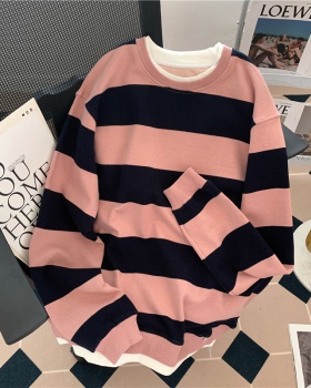 Loose round neck stripe coat pink pure cotton hoodie for women