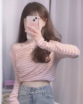 Long sleeve flat shoulder stripe tops pink slim T-shirt