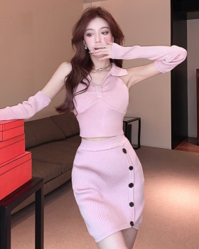 Retro temperament tops knitted sexy skirt a set for women