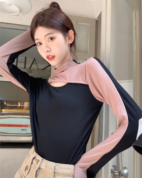 Long sleeve splice tops mixed colors bottoming T-shirt